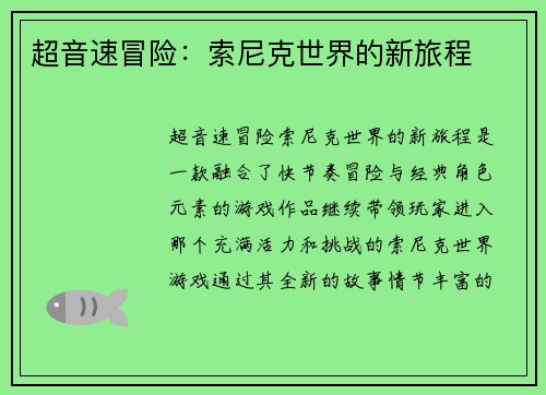 超音速冒险：索尼克世界的新旅程